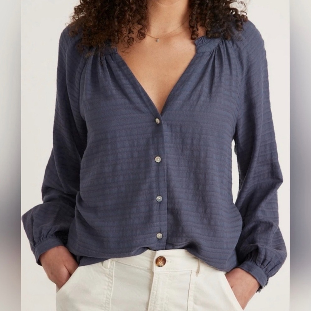 Marine Layer Nixi Collarless Blouse Long Sleeve Button Dark Blue Puffy Size S